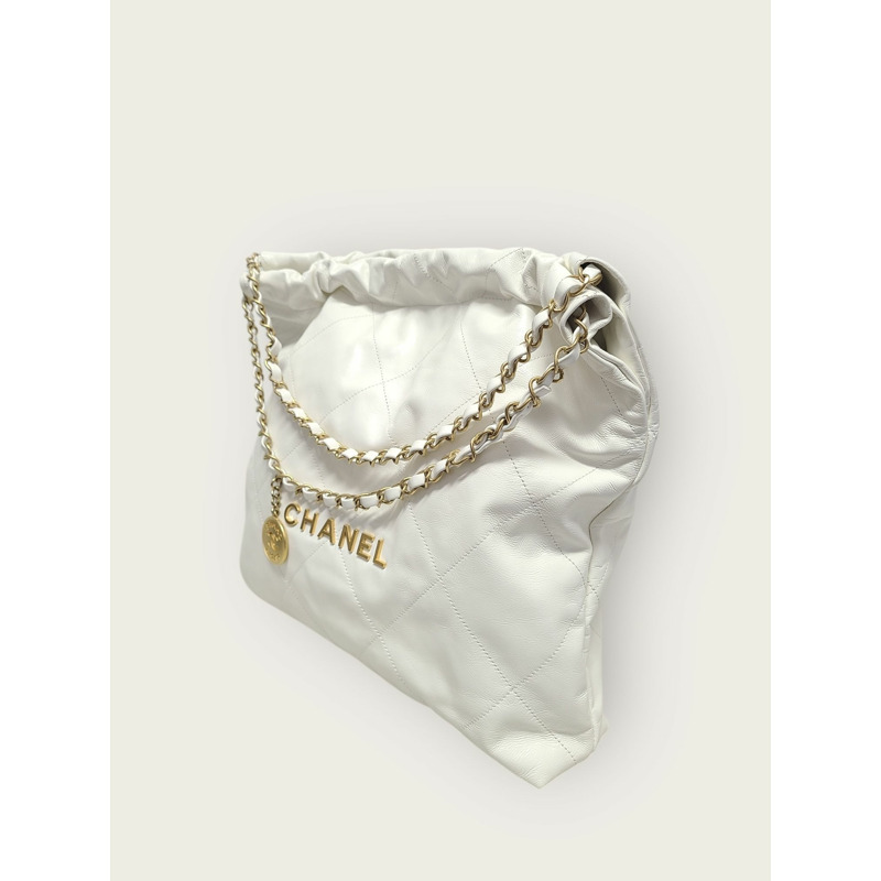 【包稅】CHANEL 白色 22 號包 中型亮金色鏈條單肩包-1
