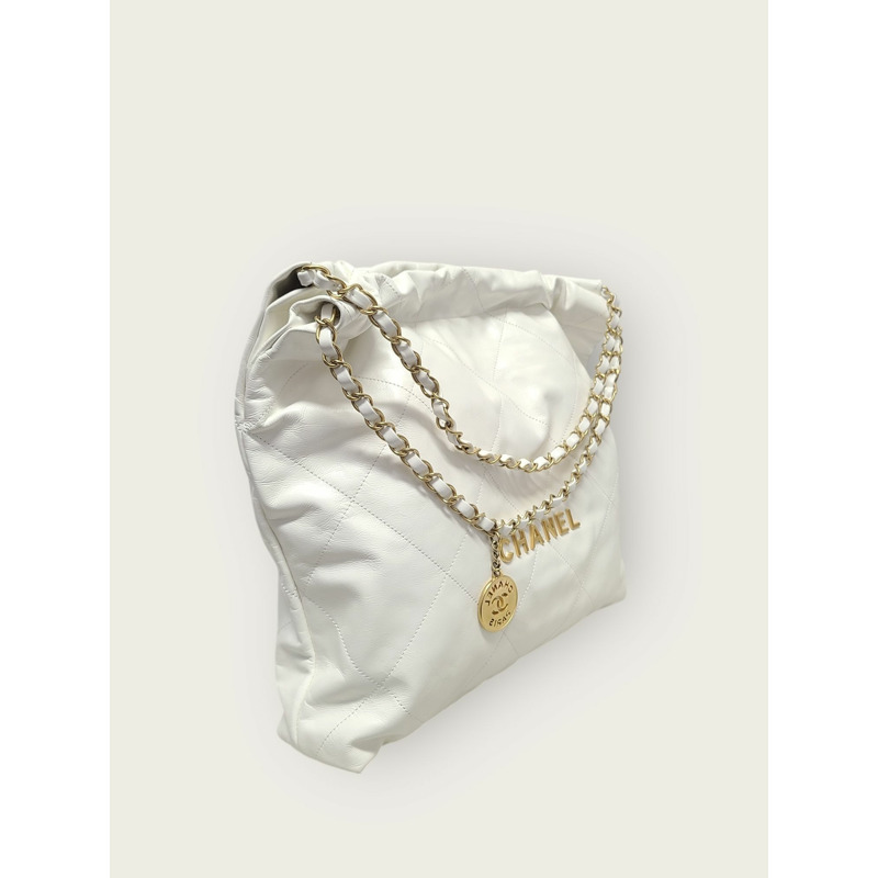 【包稅】CHANEL 白色 22 號包 中型亮金色鏈條單肩包-2