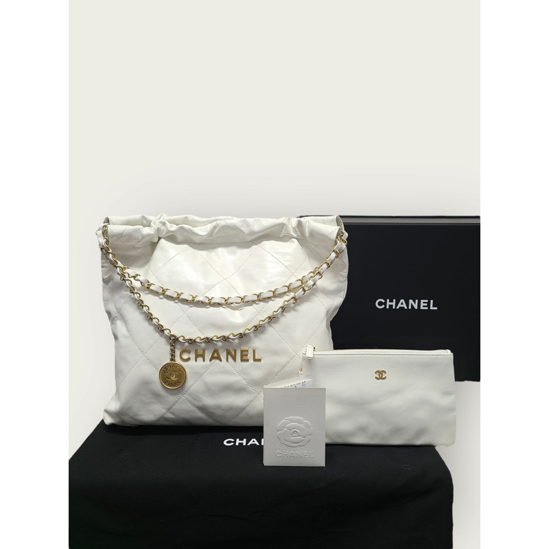 【包稅】CHANEL 白色 22 號包 中型亮金色鏈條單肩包-6