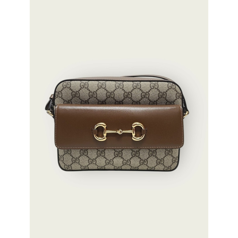 【包稅】GUCCI 棕色 GG Supreme 1955 馬銜扣小號單肩包-0