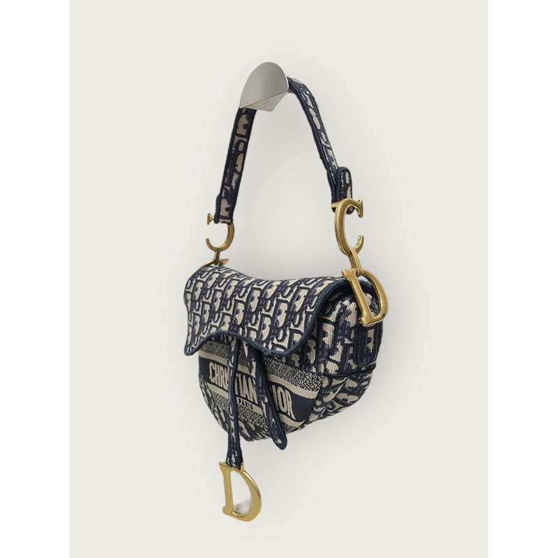 【包稅】DIOR 藍色斜紋提花刺繡馬鞍包 + 肩帶-1