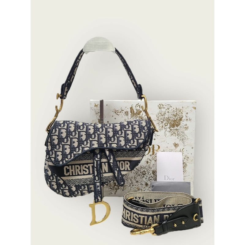 【包稅】DIOR 藍色斜紋提花刺繡馬鞍包 + 肩帶-6