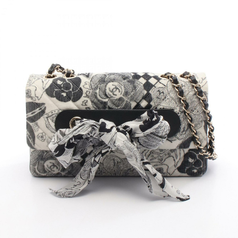 香奈兒人字紋V形縫線肩背包，皮革和燈芯絨材質，女士，白色/黑色-0