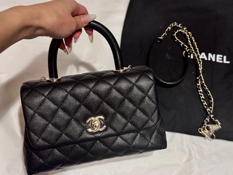 9.8新Chanel coco handle 24荔枝皮黑淡金-15