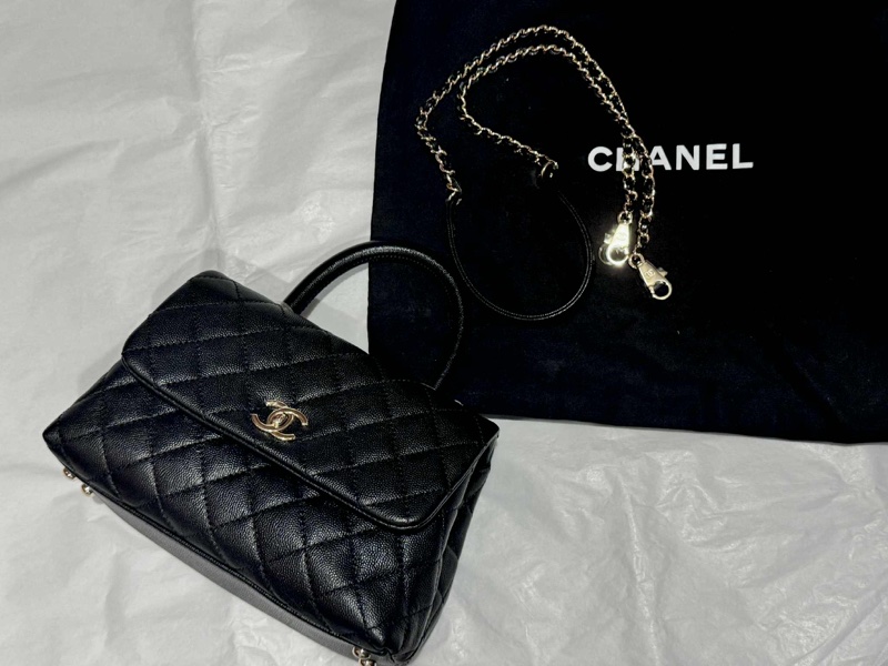 9.8新Chanel coco handle 24荔枝皮黑淡金-16