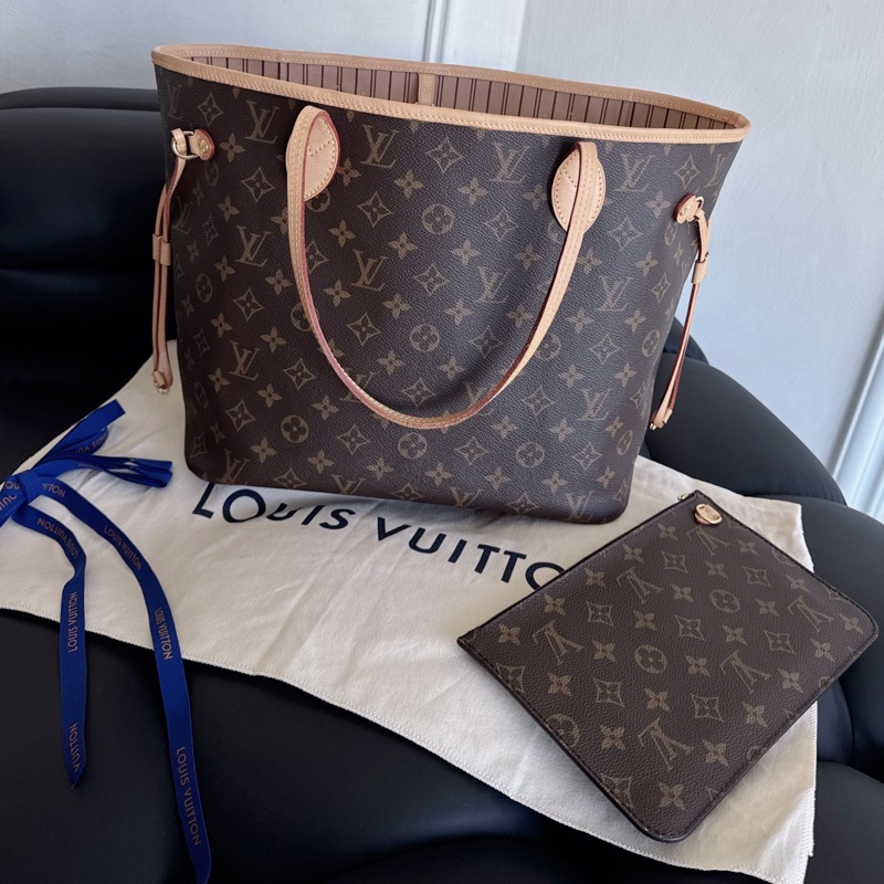 【近新閒置品】Louis Vuitton路易威登 LV neverfull老花nf大號購物袋子母款 晶片款托特包 米色內裡-0