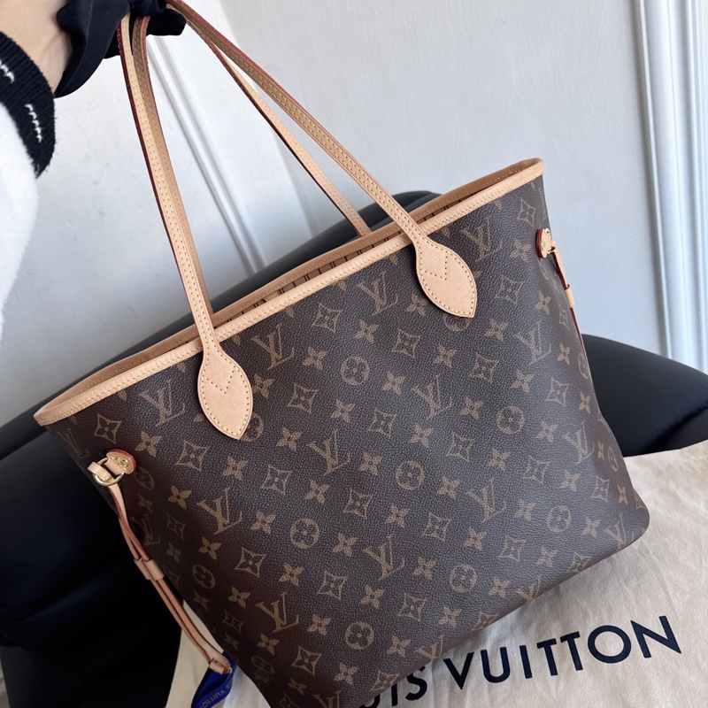 【近新閒置品】Louis Vuitton路易威登 LV neverfull老花nf大號購物袋子母款 晶片款托特包 米色內裡-2