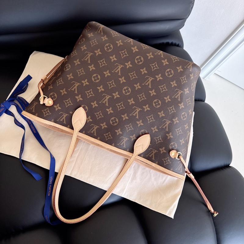 【近新閒置品】Louis Vuitton路易威登 LV neverfull老花nf大號購物袋子母款 晶片款托特包 米色內裡-4