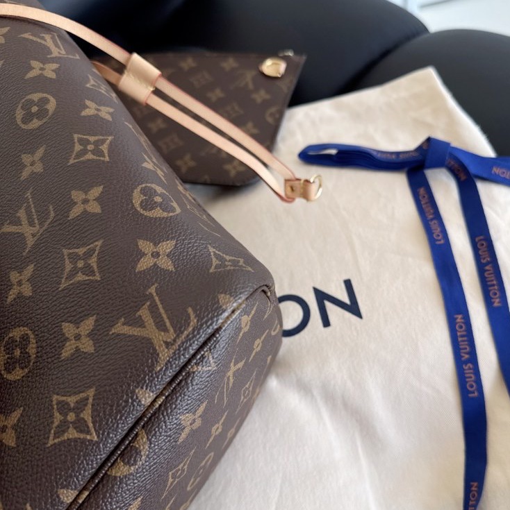 【近新閒置品】Louis Vuitton路易威登 LV neverfull老花nf大號購物袋子母款 晶片款托特包 米色內裡-11