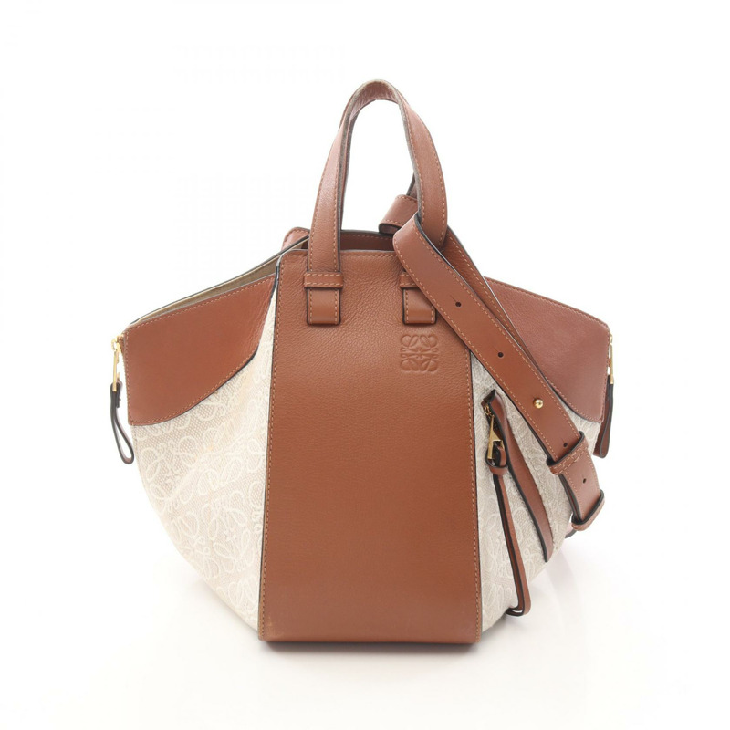 LOEWE HAMMOCK SMALL 肩斜背包 帆布皮革 米色 棕色 二手-0