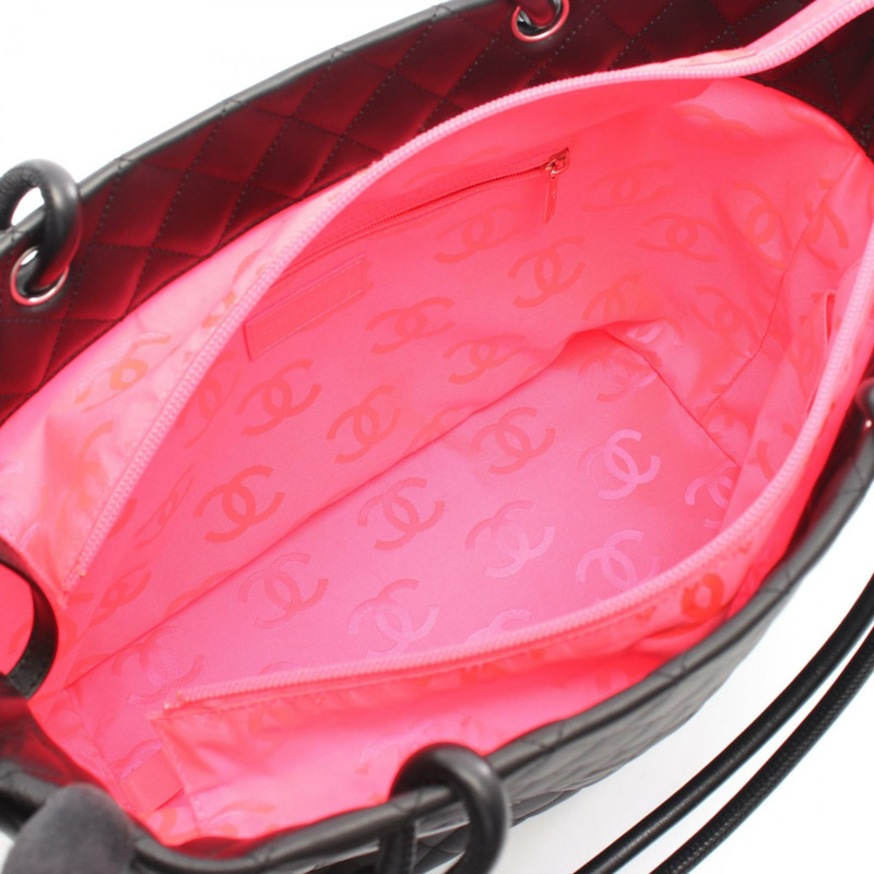香奈兒 Cambon 系列大肩背手提包,黑色/粉紅色漆皮,二手,帶五金配件-2