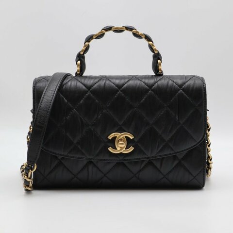 CHANEL 褶皺小羊皮手提斜背包 - 黑金31開