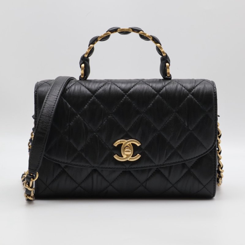 CHANEL 褶皺小羊皮手提斜背包 - 黑金31開-0