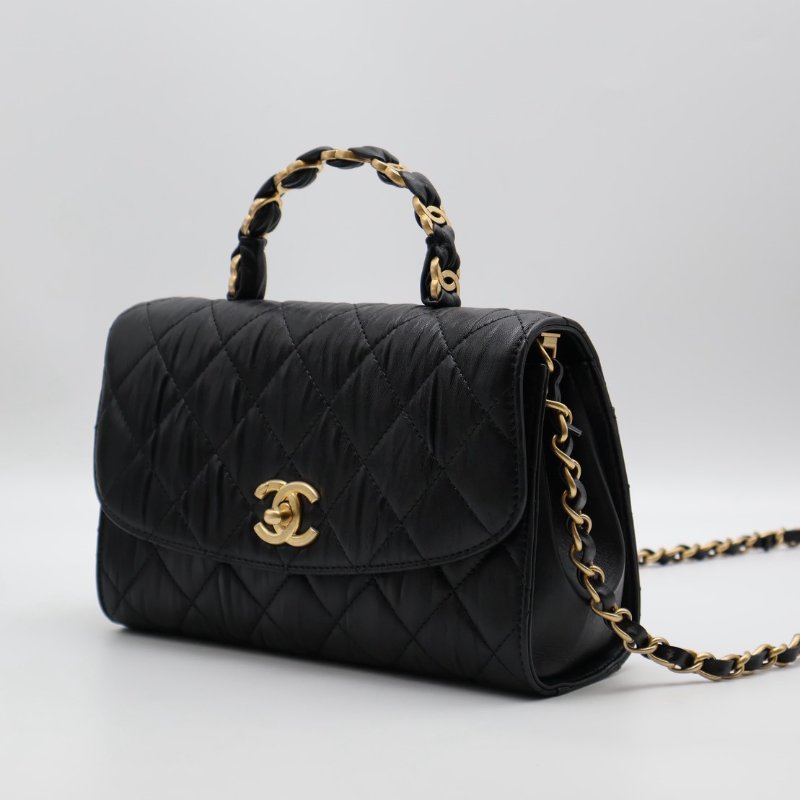 CHANEL 褶皺小羊皮手提斜背包 - 黑金31開-8