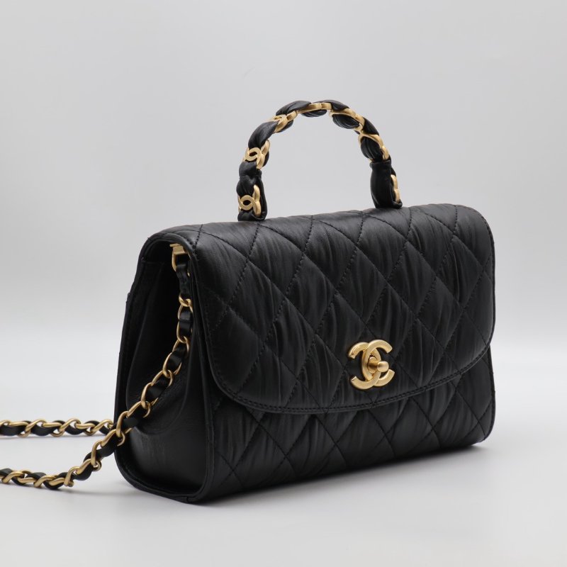 CHANEL 褶皺小羊皮手提斜背包 - 黑金31開-9