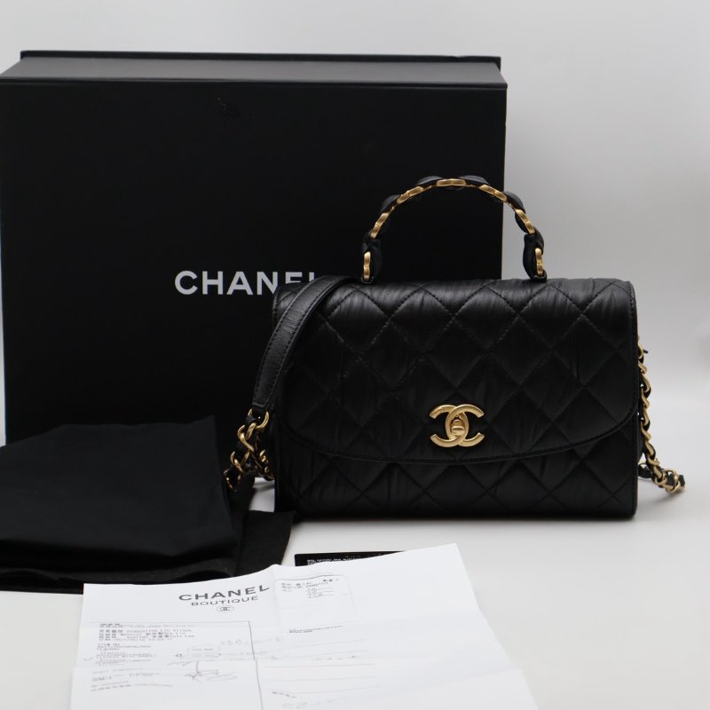 CHANEL 褶皺小羊皮手提斜背包 - 黑金31開-10