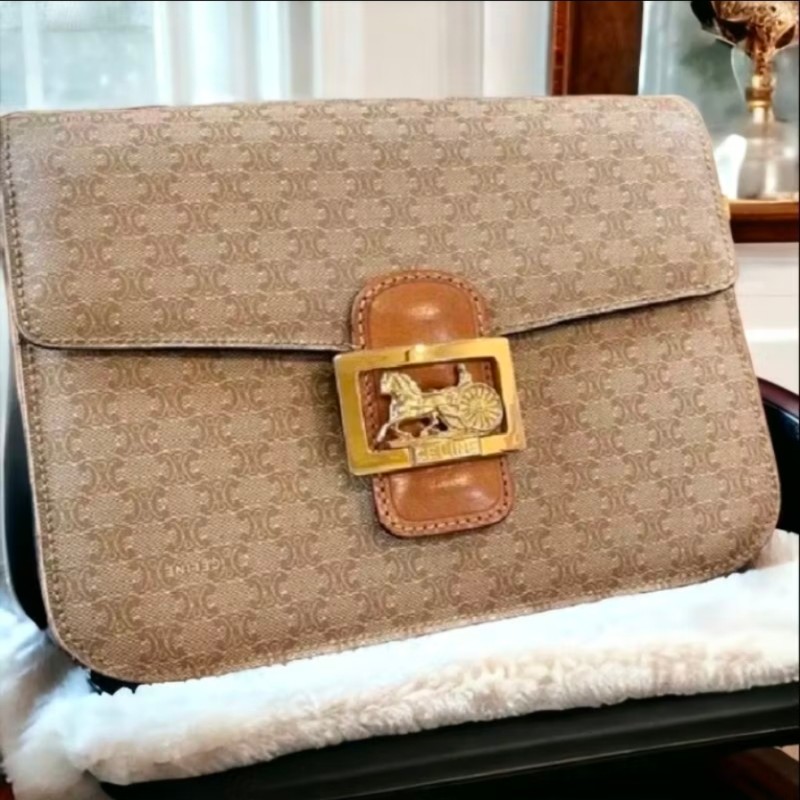 Celine 滿版老花馬車金釦斜背包 轉售那時飾購入包包凱旋門馬車金釦Vintage復古中古古董包二手-0