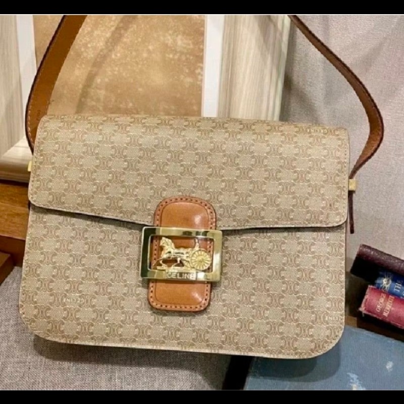 Celine 滿版老花馬車金釦斜背包 轉售那時飾購入包包凱旋門馬車金釦Vintage復古中古古董包二手-3