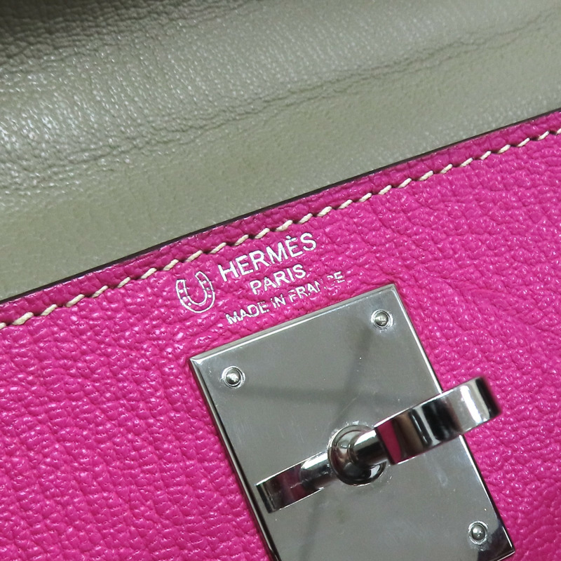 粉色/大象灰 Chevre 山羊皮 Kelly 28 凱莉包 两用包 □N刻 銀扣【HERMES 愛馬仕】-9