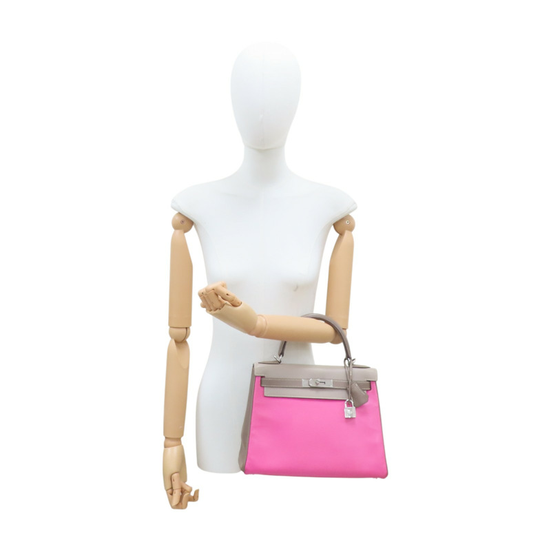 粉色/大象灰 Chevre 山羊皮 Kelly 28 凱莉包 两用包 □N刻 銀扣【HERMES 愛馬仕】-13