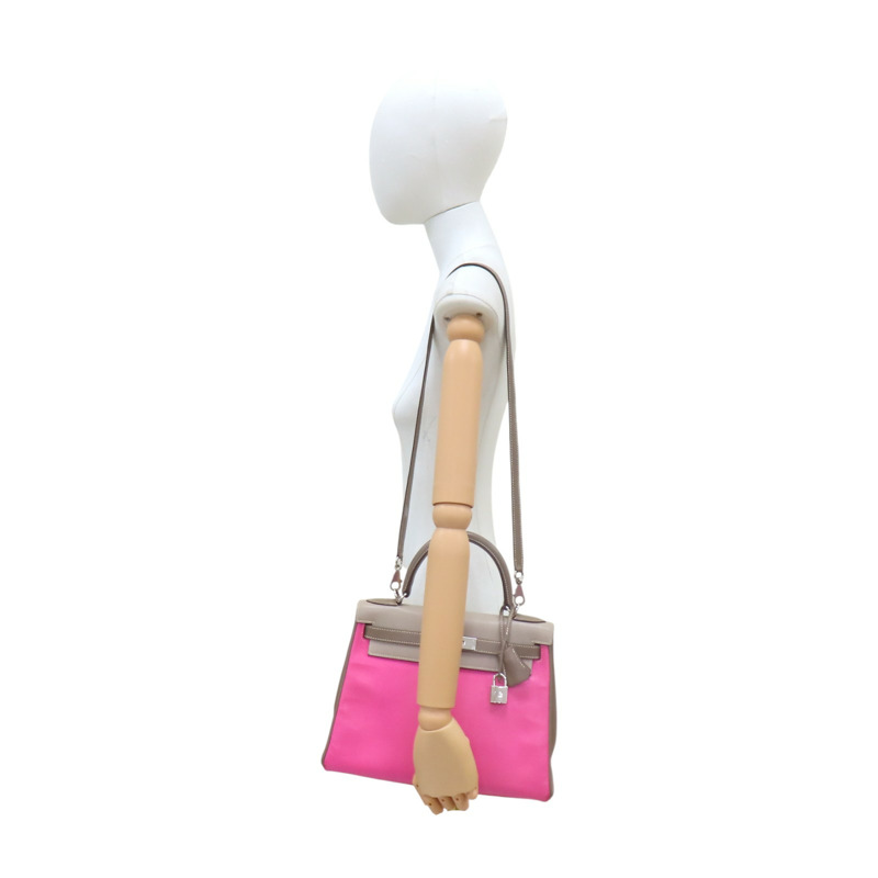 粉色/大象灰 Chevre 山羊皮 Kelly 28 凱莉包 两用包 □N刻 銀扣【HERMES 愛馬仕】-14