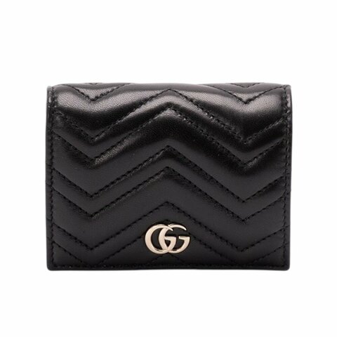 【GUCCI 古馳】GG Marmont 經典金屬雙G 羊皮 卡夾 皮夾 短夾 零錢包 黑色 466492