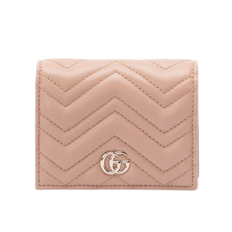 【GUCCI 古馳】GG Marmont 經典金屬雙G 羊皮 卡夾 皮夾 短夾 零錢包 杏粉色 裸粉色 466492-0