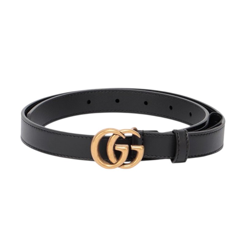 【GUCCI 古馳】Double G GG 雙G 仿舊金 牛皮 腰帶 皮帶 黑色 2公分寬 409417-3