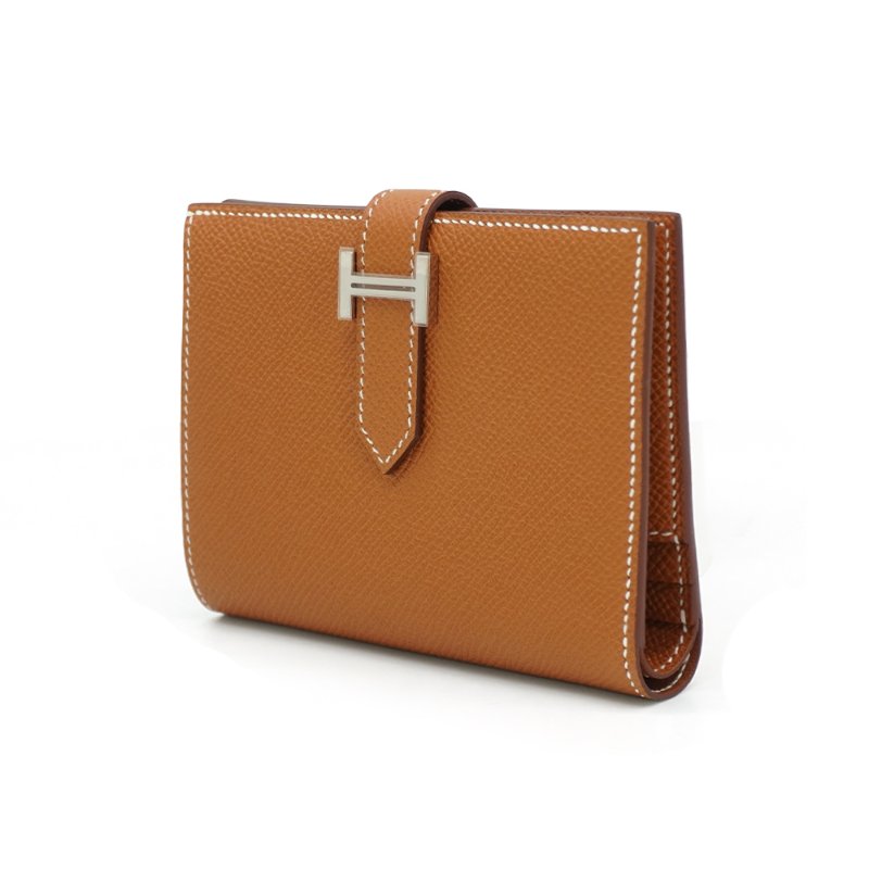 Hermes Bearn Epsom牛皮銀釦對折短夾(Gold金棕)-1