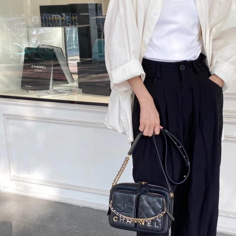 CHANEL 雙口袋炸藥包 - 小號黑金-10