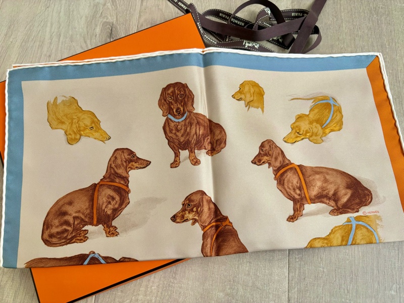 全新愛馬仕絲巾-45公分臘腸狗狗絲巾,全新全配可送人!-3