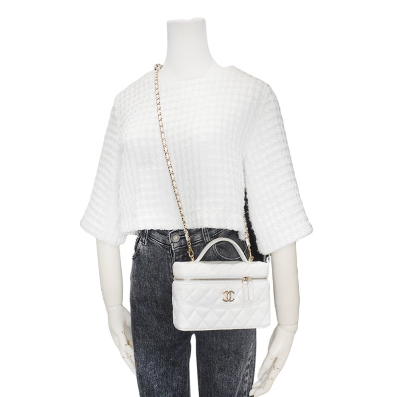 Chanel 粒紋牛皮淡金釦手提斜背兩用包(AP4407-白)-5