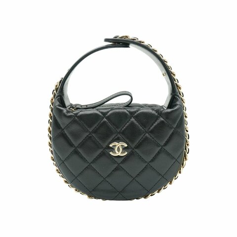 Chanel 菱格羊皮淡金釦手提彎月包(AP3095-黑)