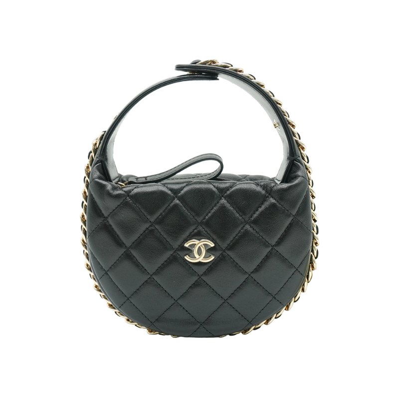 Chanel 菱格羊皮淡金釦手提彎月包(AP3095-黑)-0