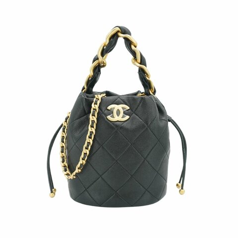 Chanel 展示品 菱格小牛皮粗練把手兩用水桶包(AS2390-黑)