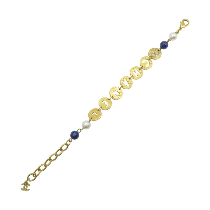 金色鍍金 藍/白珍珠 水鑽 Gold Pearl Initial Bracelet 圓牌字母 手鍊【CHANEL 香奈兒】-2