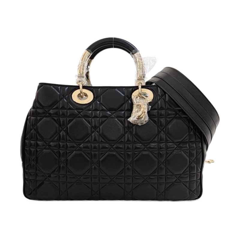 DIOR Lady 95.22 黑色牛皮藤格紋壓紋戴妃五格單肩包手提包斜挎包 金色五金 可拆卸肩帶-0