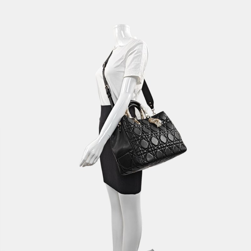 DIOR Lady 95.22 黑色牛皮藤格紋壓紋戴妃五格單肩包手提包斜挎包 金色五金 可拆卸肩帶-1