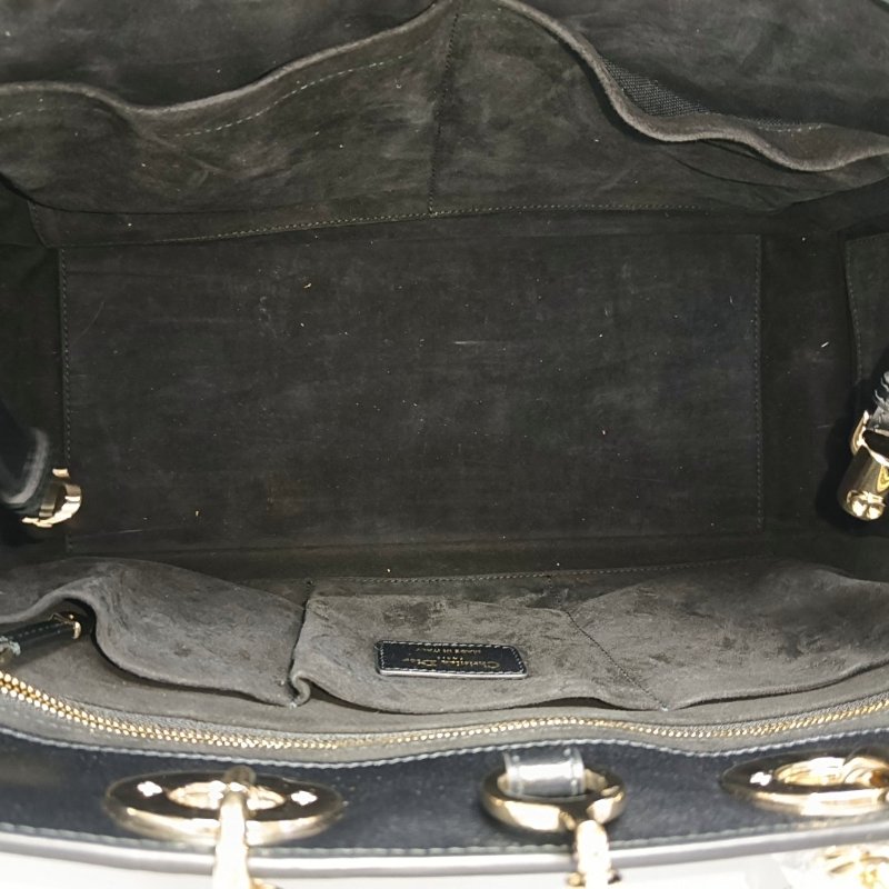 DIOR Lady 95.22 黑色牛皮藤格紋壓紋戴妃五格單肩包手提包斜挎包 金色五金 可拆卸肩帶-6