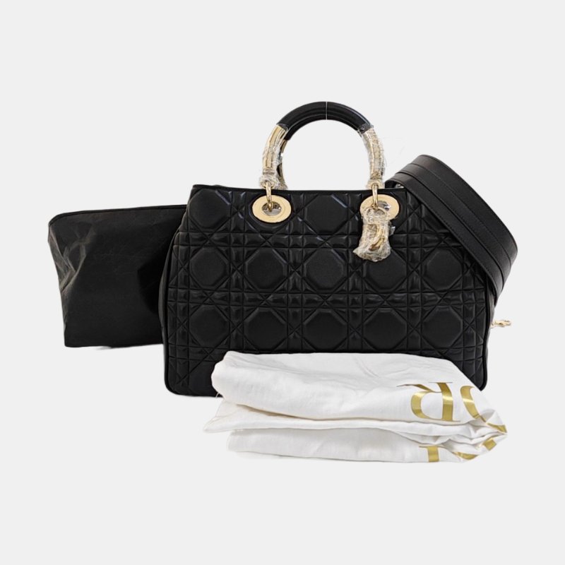 DIOR Lady 95.22 黑色牛皮藤格紋壓紋戴妃五格單肩包手提包斜挎包 金色五金 可拆卸肩帶-7