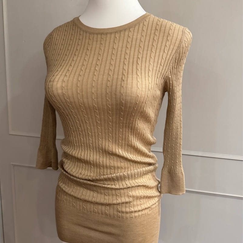 《新歡舊愛》正品Celine大地色駝色薄毛料針織長版毛衣S-0