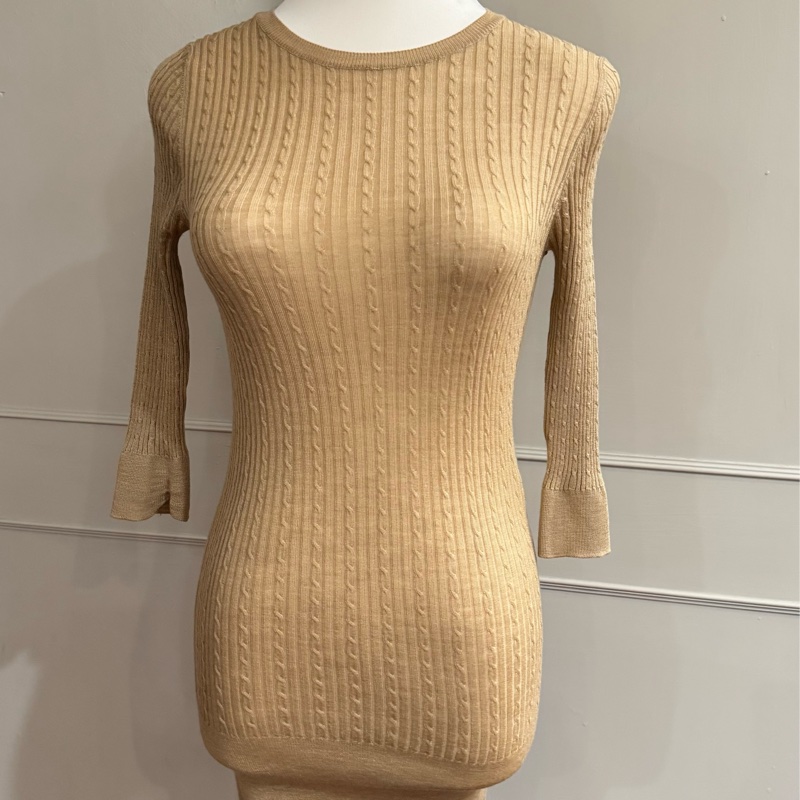 《新歡舊愛》正品Celine大地色駝色薄毛料針織長版毛衣S-7