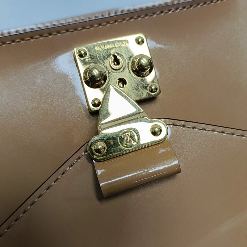 LOUIS VUITTON MONCEAU棕色漆皮單肩包斜挎包手提包金色五金可拆卸肩帶-8