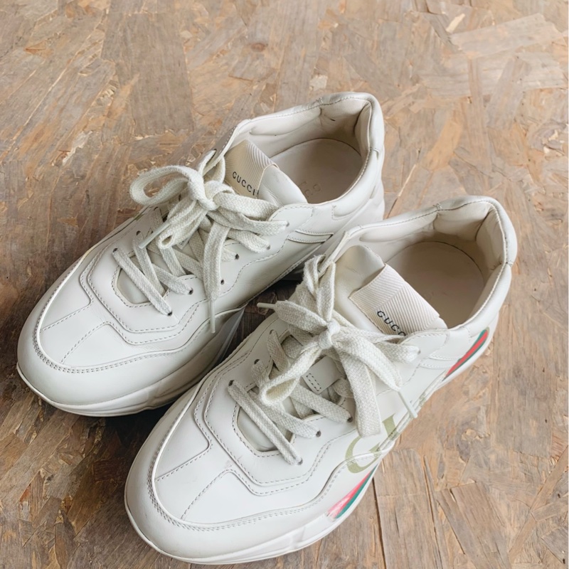 97新Gucci古馳 米色經典腰帶logo厚底系幫老爹鞋 36.5碼經典紅綠配色和品牌標識-0