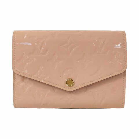 LOUIS VUITTON SARAH淺粉色漆皮老花壓紋錢包金色五金