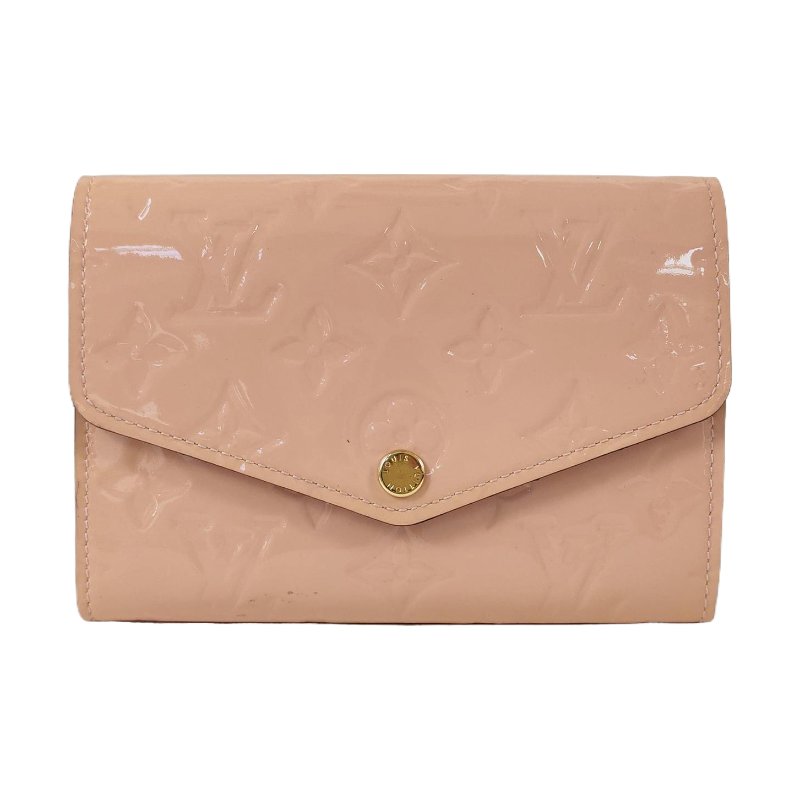 LOUIS VUITTON SARAH淺粉色漆皮老花壓紋錢包金色五金-0