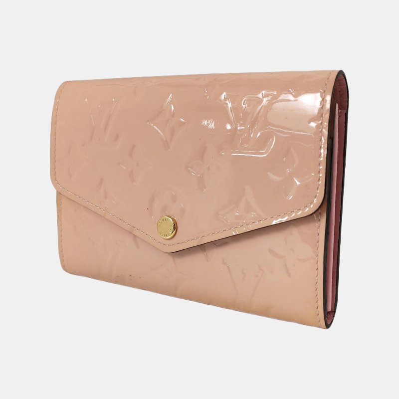 LOUIS VUITTON SARAH淺粉色漆皮老花壓紋錢包金色五金-2