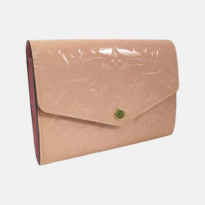 LOUIS VUITTON SARAH淺粉色漆皮老花壓紋錢包金色五金-3