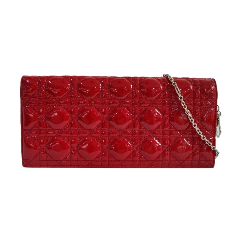 DIOR Lady Dior紅色漆皮藤格紋絎縫單肩包斜挎包銀色五金可拆卸肩帶-0