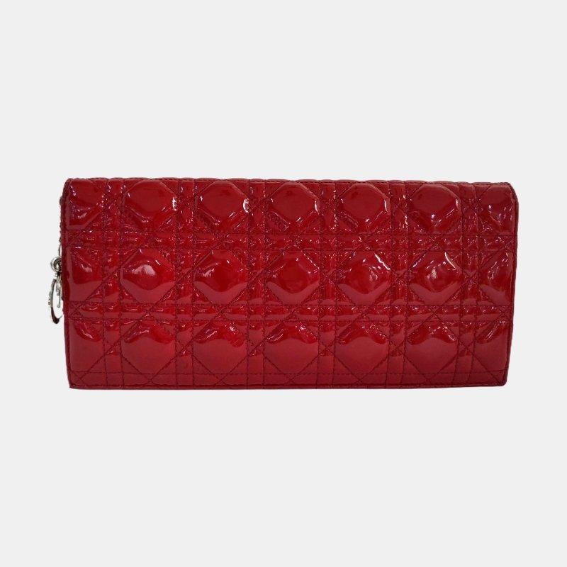 DIOR Lady Dior紅色漆皮藤格紋絎縫單肩包斜挎包銀色五金可拆卸肩帶-4